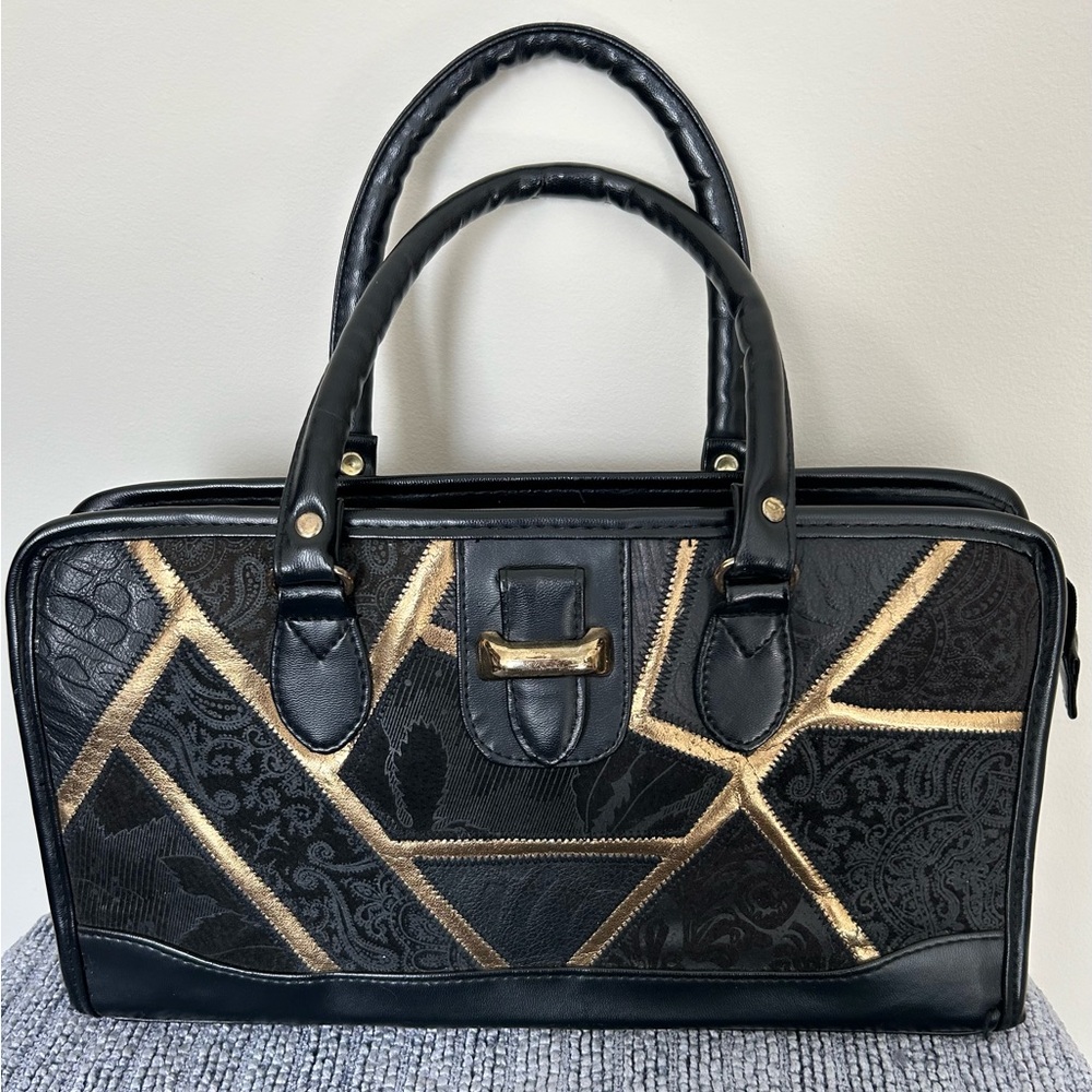 Vintage Style Black Purse- Retro Handbag - faux gold & tapestry details